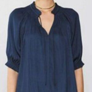 boho puff sleeve 3/4 length  ruffled collar string tie  blouse dark navy sz xl